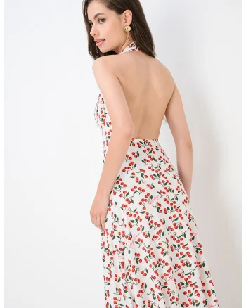 Rochie cu decolteu halter si imprimeu, Alb/Rosu cireasa