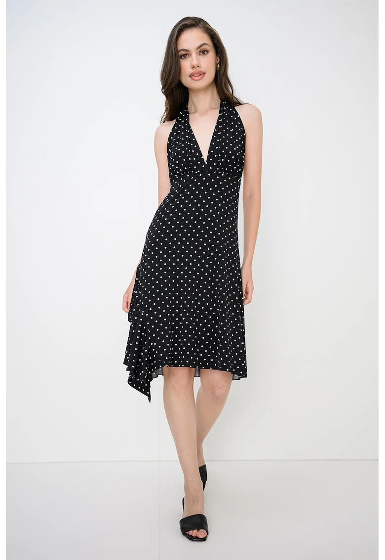 Rochie cu decolteu halter si imprimeu, Alb/Negru