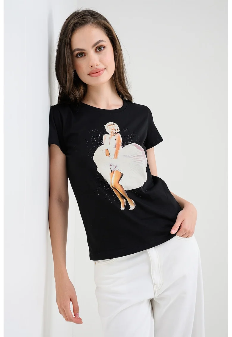 Tricou de bumbac cu imprimeu, Alb fildes/Negru