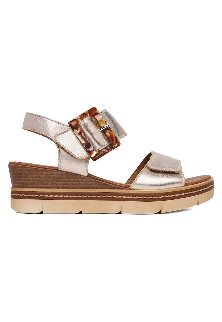 Sandale dama  elegant, piele naturala, auriu, cu platforma, sistem inchidere velcro,