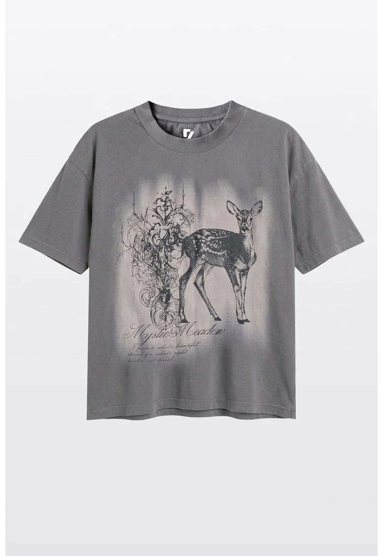 Tricou supradimensionat din bumbac cu imprimeu, Gri