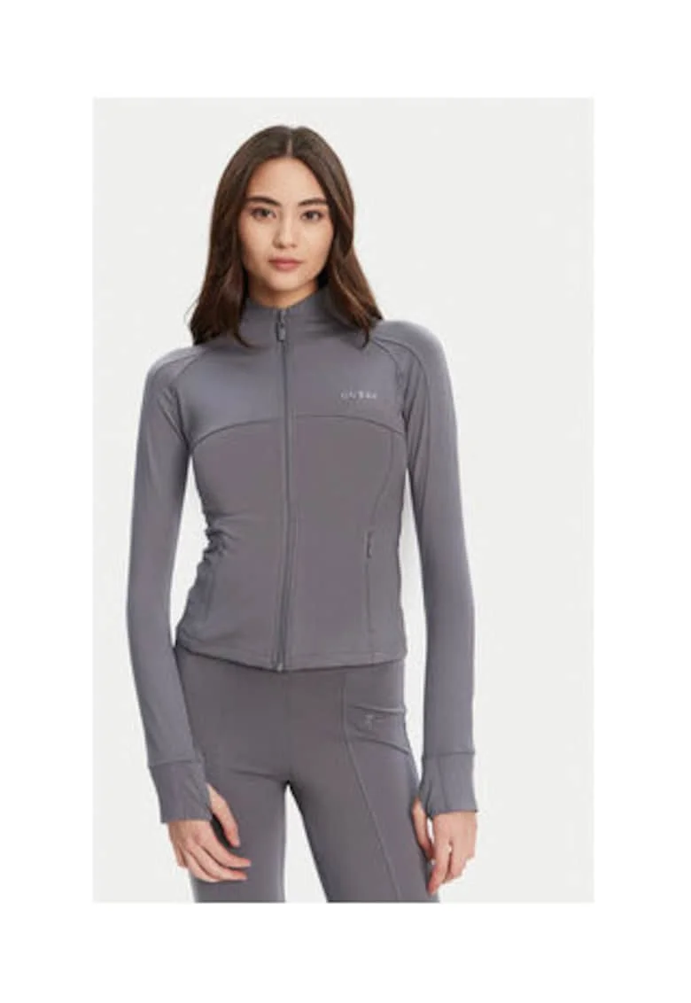 Bluza de trening cambrata din material elastic cu fermoar si logo metalic discret 91466, Gri cenusiu