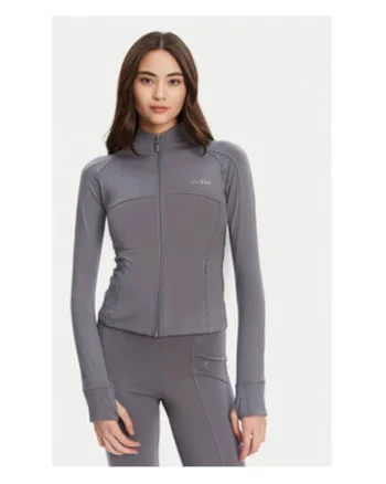 Bluza de trening cambrata din material elastic cu fermoar si logo metalic discret 91466, Gri cenusiu