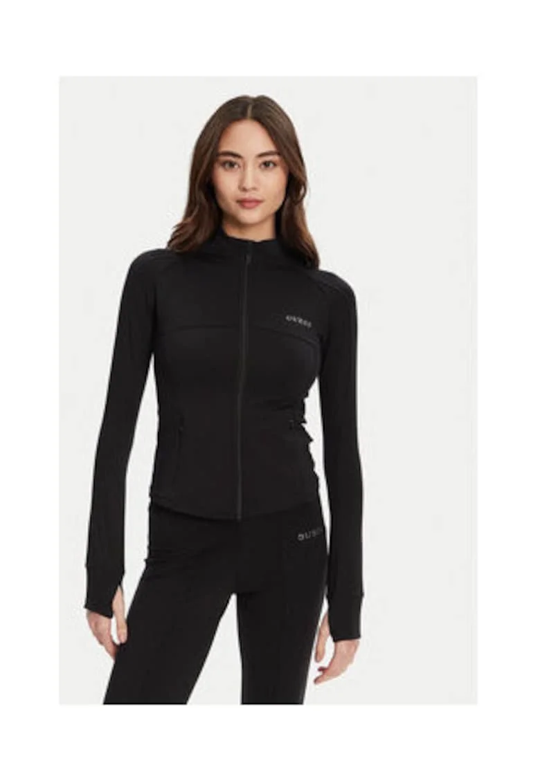Bluza de trening cambrata din material elastic cu fermoar si logo metalic discret 91466, Negru