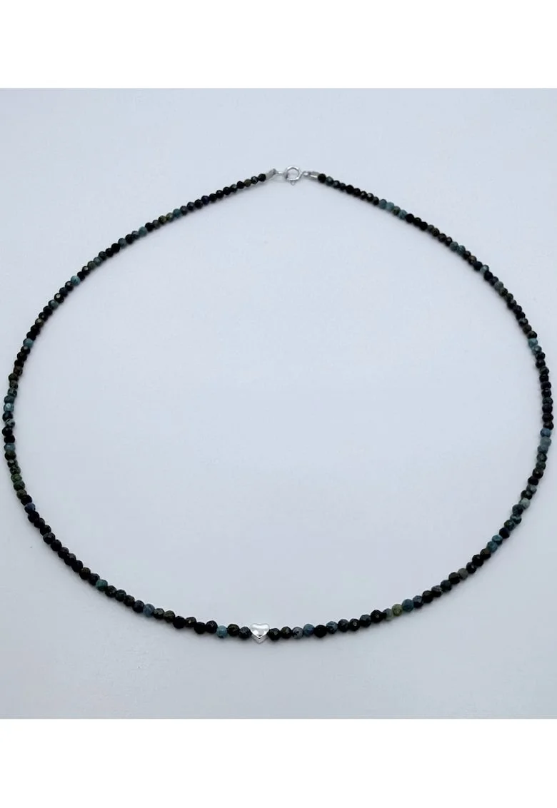 Colier handmade, realizat din pietre semipretioase Crisocola, pandantiv inima argint, inchideri argint, lungime:41 cm