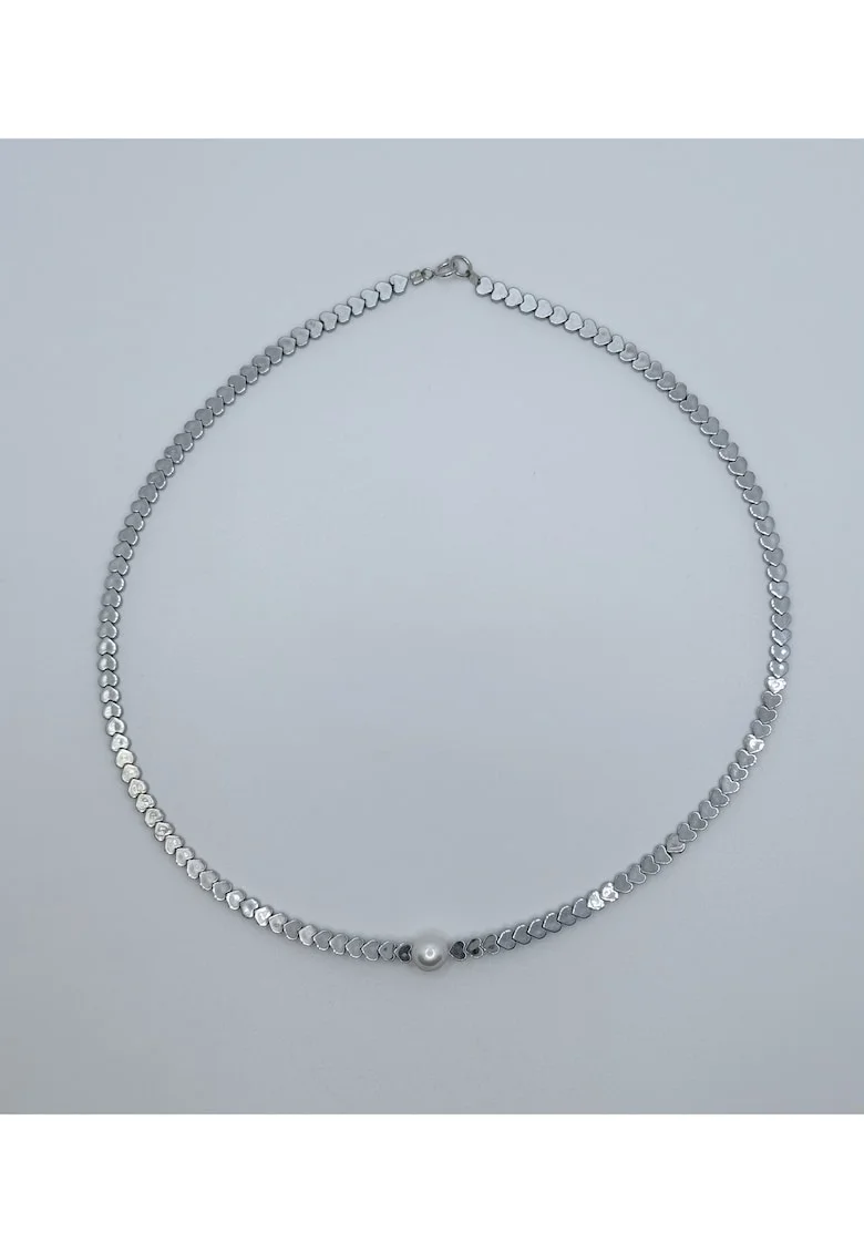 Colier handmade, realizat din perle semipretioase Hematit, perla de cultura, accesorii de inchidere argint, lungime:41 cm