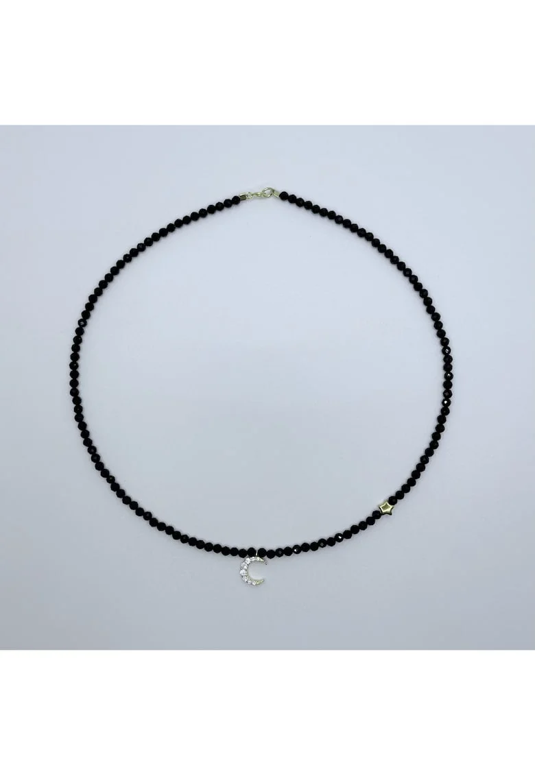 Colier handmade, realizat din pietre semipretioase spinel, pandantiv semiluna argint placat aur 14K semiluna 9x12 mm zirconiu alb, stea argint placat cu aur 14K, inchideri argint placat cu aur 14K, lungime 41 CM