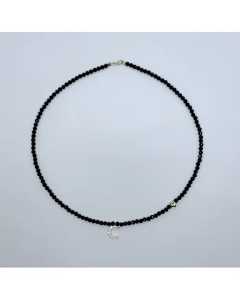 Colier handmade, realizat din pietre semipretioase spinel, pandantiv semiluna argint placat aur 14K semiluna 9x12 mm zirconiu alb, stea argint placat cu aur 14K, inchideri argint placat cu aur 14K, lungime 41 CM