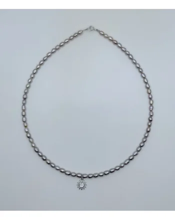 Colier handmade, realizat din perle de cultura roz, charm argint placat rodiu soare 8.5x11 mm zirconiu alb, inchideri argint, lungime:38 cm