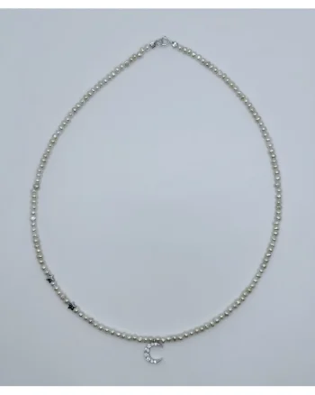 Colier handmade, realizat din perle de cultura, pandantiv luna argint placat rodiu semiluna 9x12 mm zirconiu alb, stele hematit, inchideri argint, lungime :43 cm