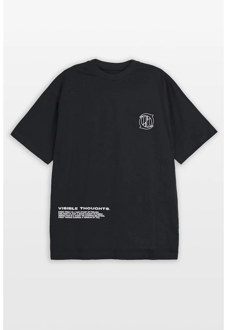 Tricou lejer din bumbac cu imprimeu text, Negru