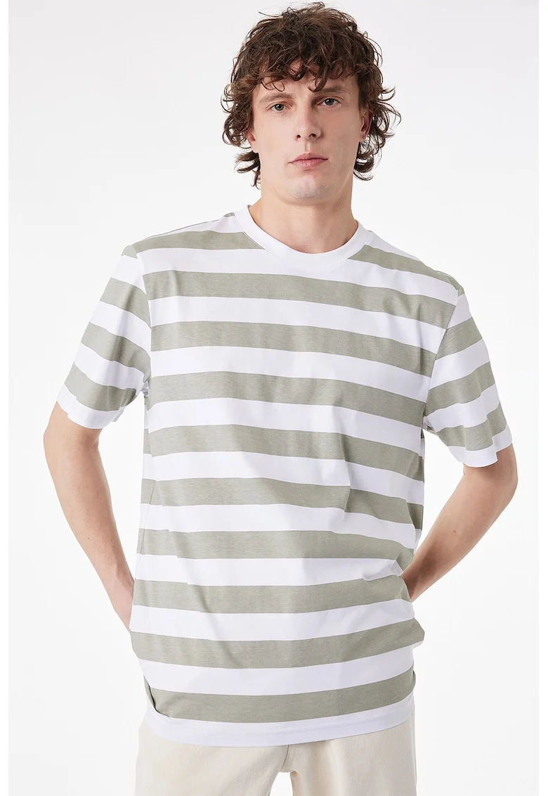 Tricou de bumbac cu dungi, Alb/Gri antichizat