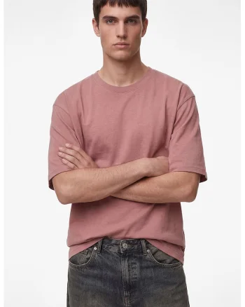 Tricou de bumbac cu decolteu la baza gatului, Roz prafuit