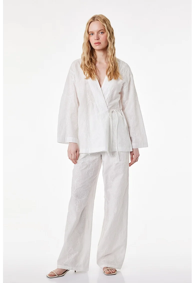 Pantaloni de bumbac cu broderie, Alb