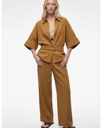 Pantaloni palazzo cu material gofrat, Bronz antichizat