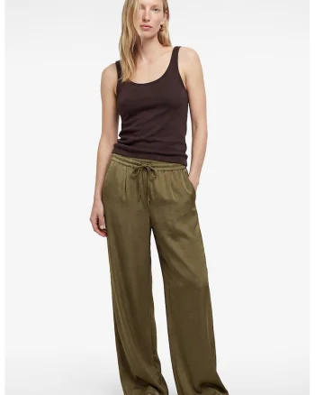 Pantaloni cu croiala ampla si cordon, Verde masliniu