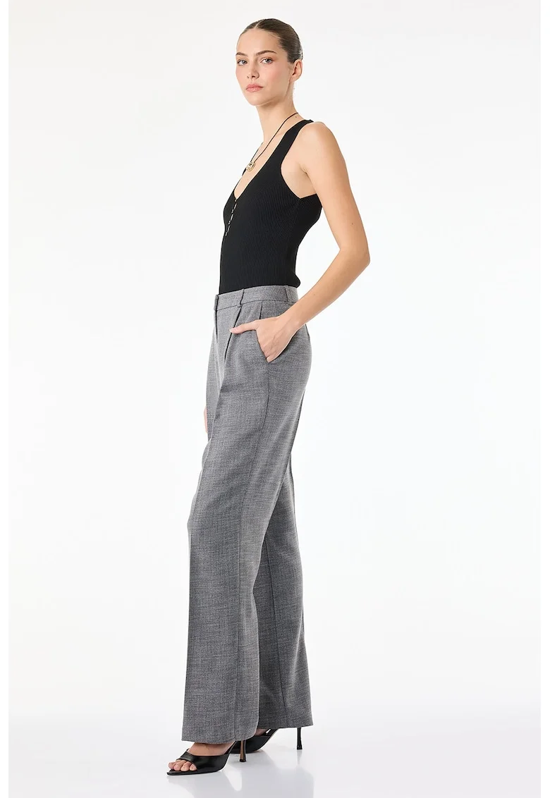 Pantaloni drepti cu talie inalta, Gri melange