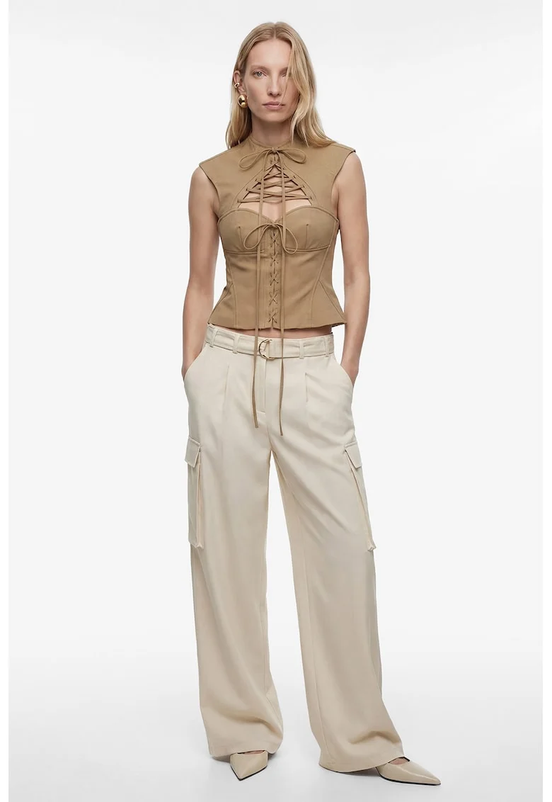 Pantaloni cargo cu talie medie si curea, Ecru
