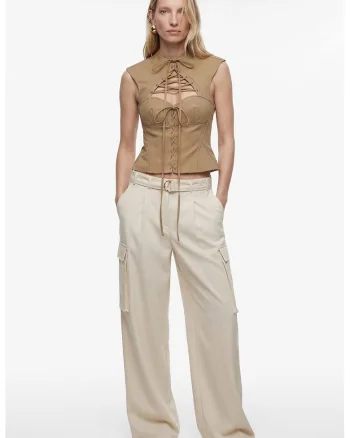 Pantaloni cargo cu talie medie si curea, Ecru