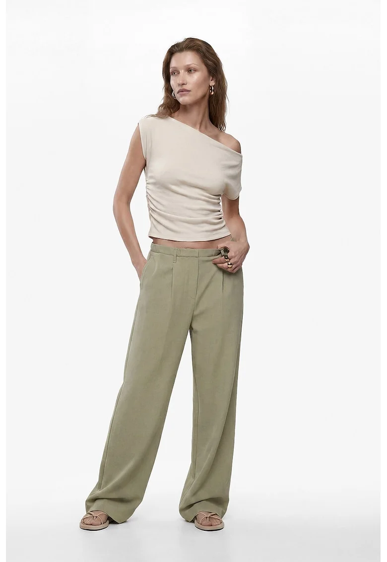Pantaloni uni cu croiala ampla, Verde stins