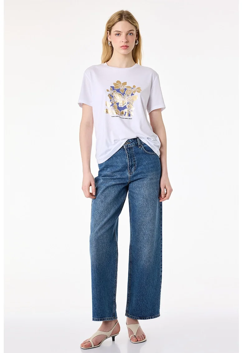Tricou cu decolteu la baza gatului si imprimeu floral, Alb