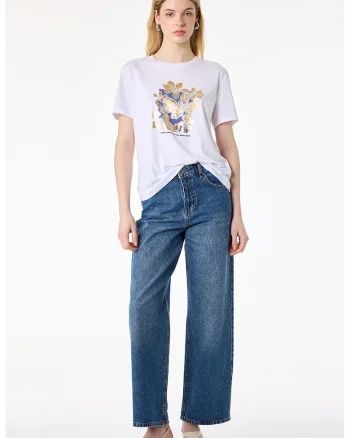 Tricou cu decolteu la baza gatului si imprimeu floral, Alb