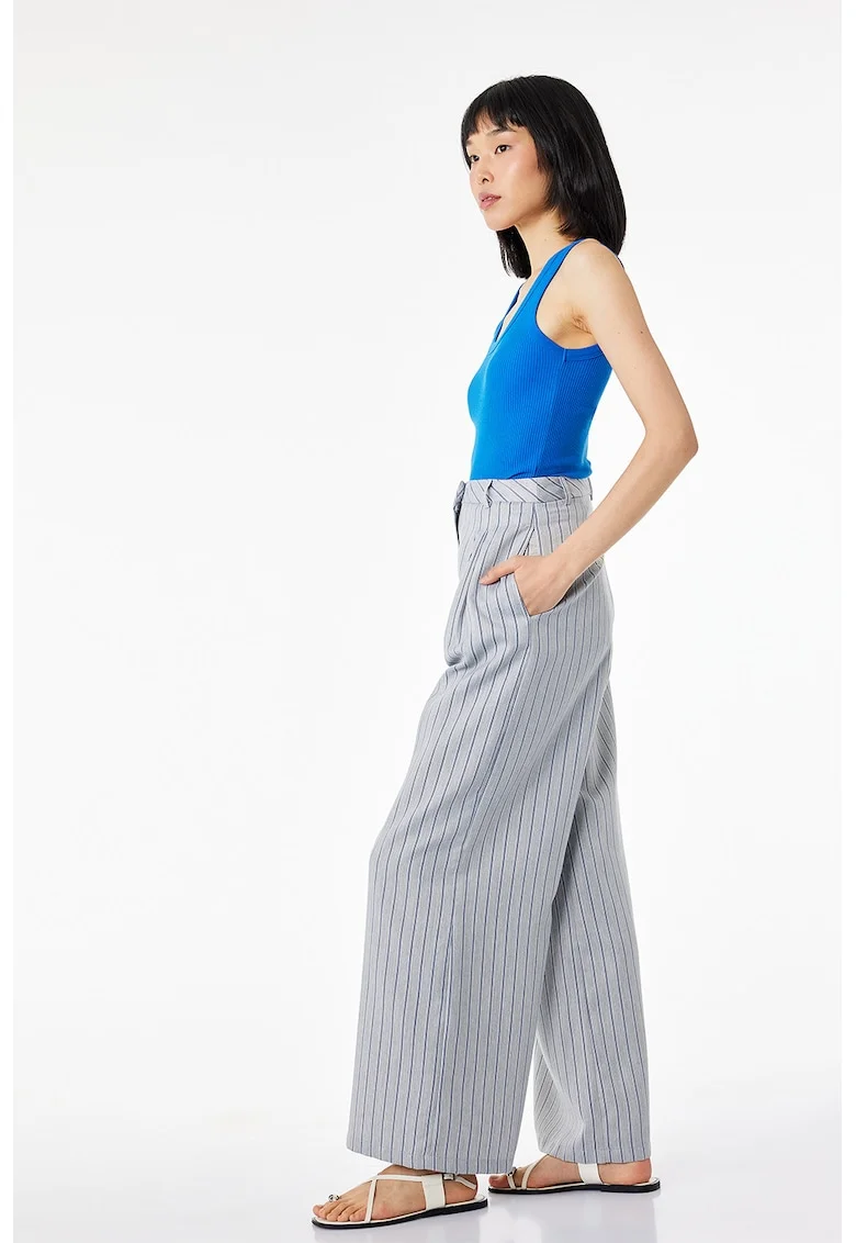 Pantaloni cu croiala ampla si pliuri, Gri deschis/Albastru
