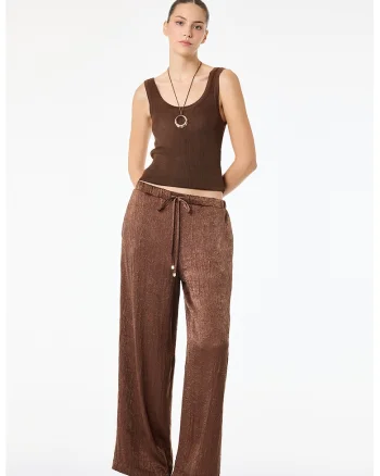 Pantaloni cu croiala ampla, snur si buzunare laterale, Maro cognac