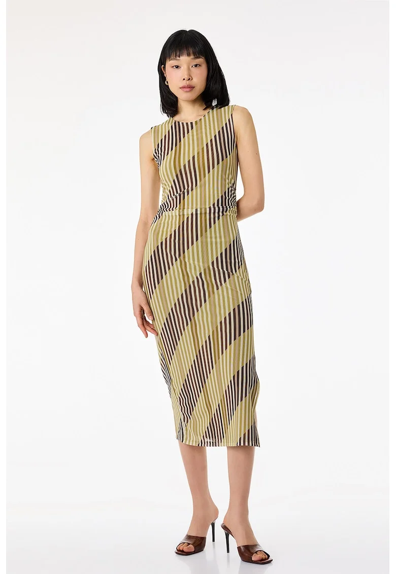 Rochie midi dreapta cu dungi, Bej/Verde masliniu