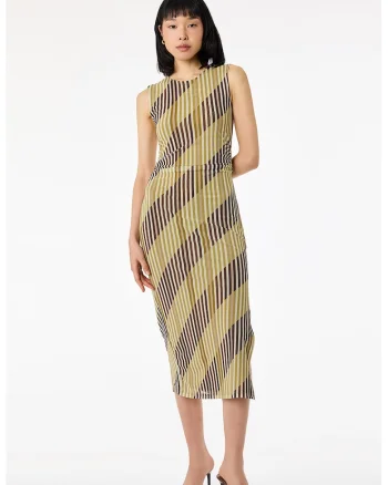 Rochie midi dreapta cu dungi, Bej/Verde masliniu