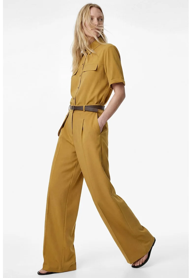 Pantaloni cu croiala ampla si pensa, Ocru