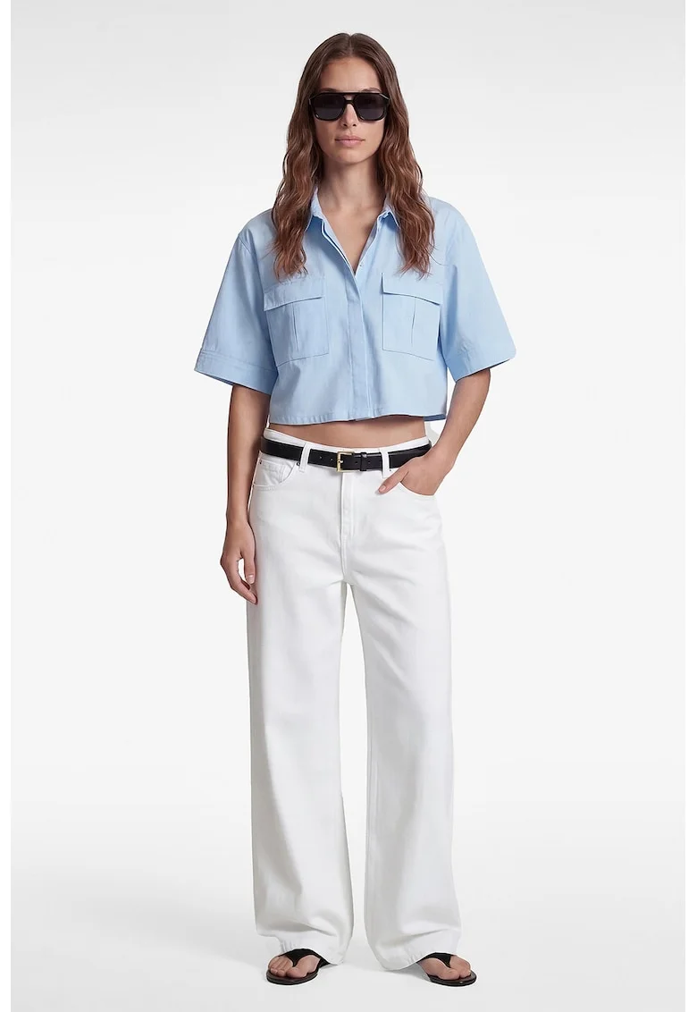 Camasa crop cu buzunare cu clapa, Albastru pastel