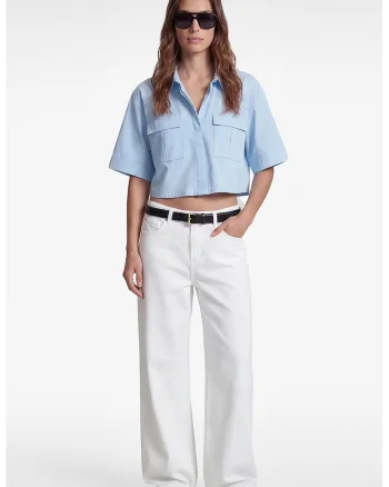 Camasa crop cu buzunare cu clapa, Albastru pastel