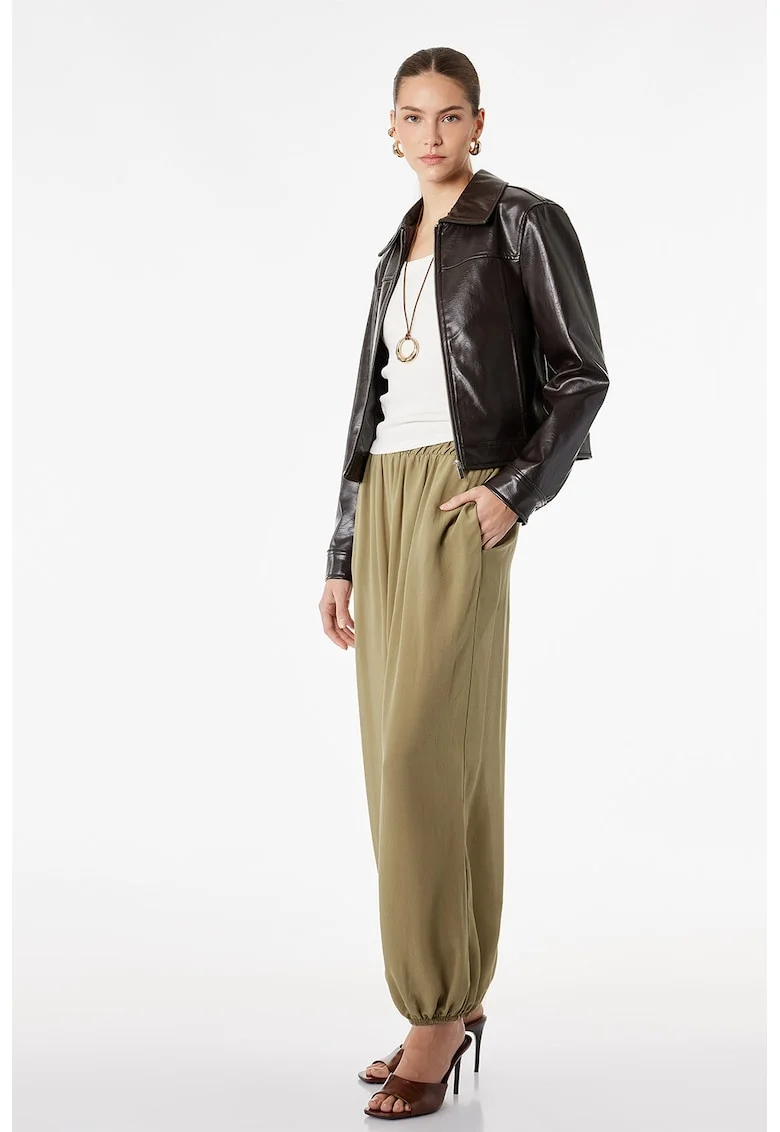Pantaloni balloon fit cu talie inalta, Verde stins
