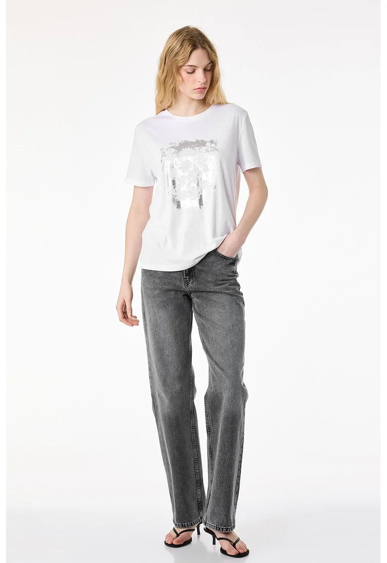 Tricou cu decolteu la baza gatului si model floral, Alb