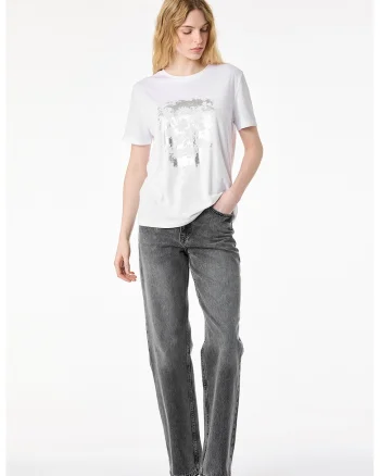 Tricou cu decolteu la baza gatului si model floral, Alb