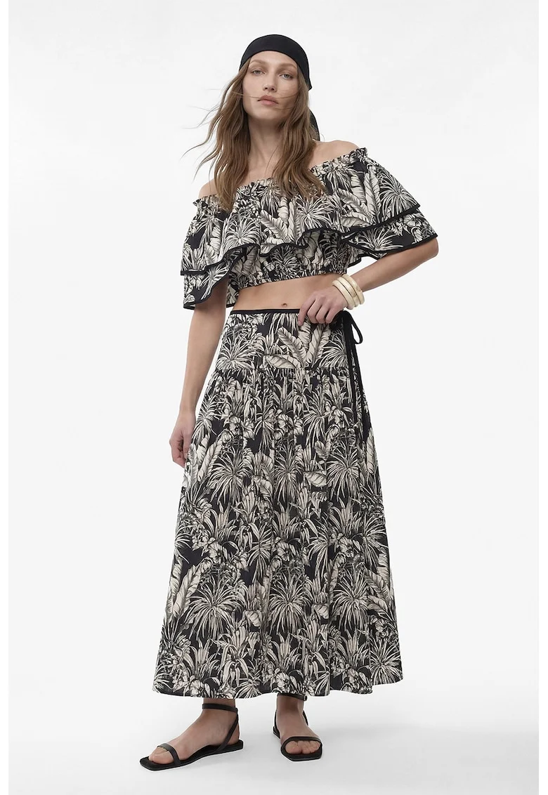 Fusta evazata cu model tropical, Alb/Negru