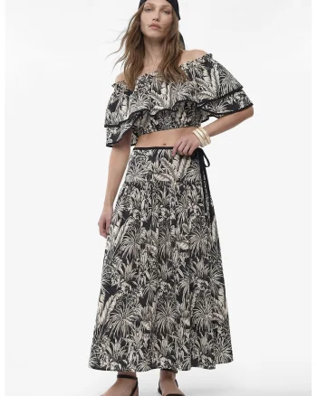 Fusta evazata cu model tropical, Alb/Negru