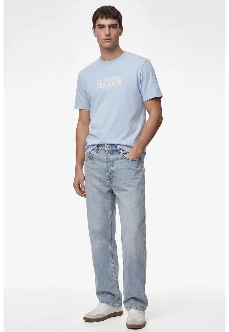 Tricou cu decolteu la baza gatului si imprimeu text, Albastru azur