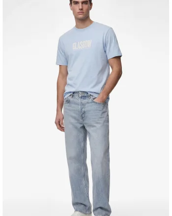 Tricou cu decolteu la baza gatului si imprimeu text, Albastru azur