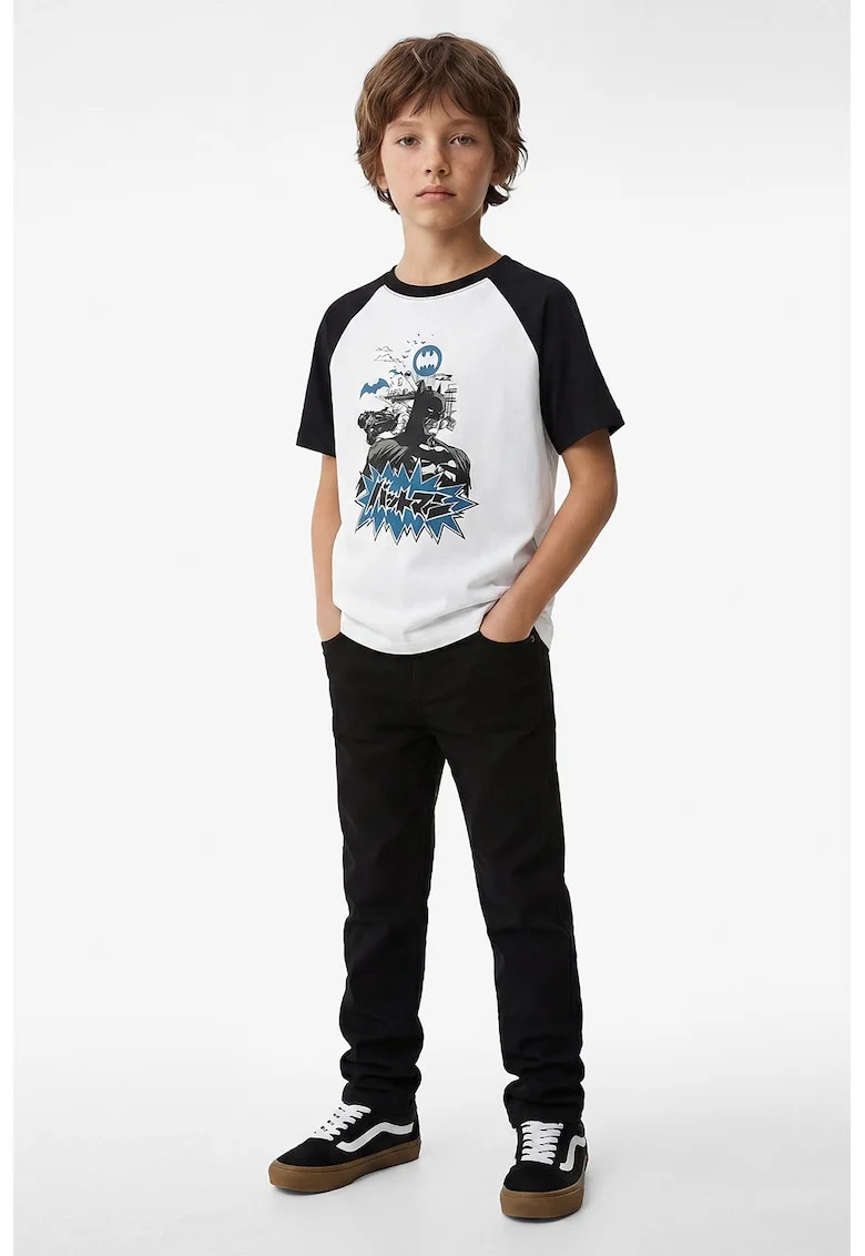 Tricou cu decolteu la baza gatului si imprimeu grafic, Alb/Negru