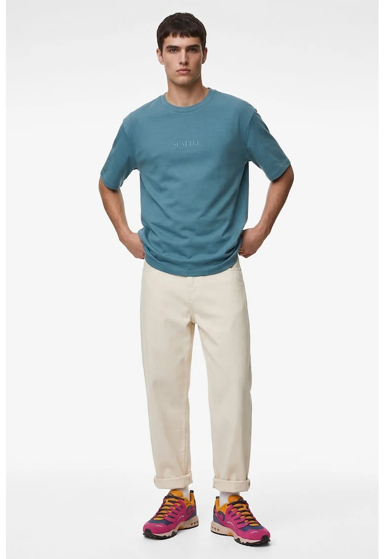 Tricou cu imprimeu text discret, Albastru teal