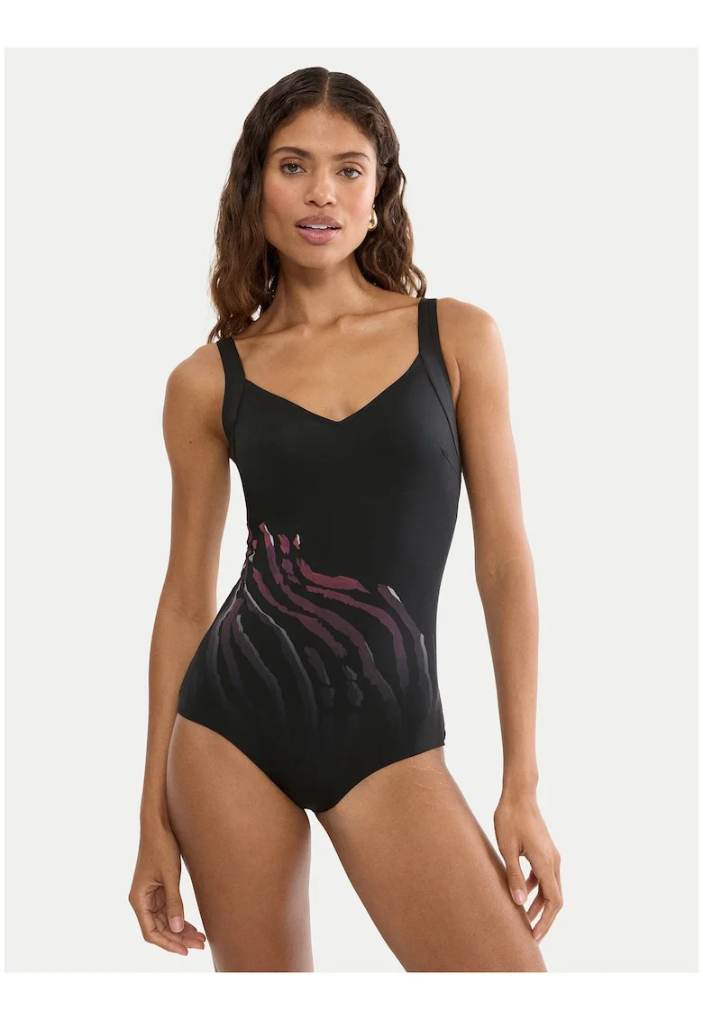 Costum de baie dama,  imprimeu zebra, negru/maro, din material sintetic