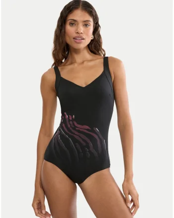 Costum de baie dama,  imprimeu zebra, negru/maro, din material sintetic