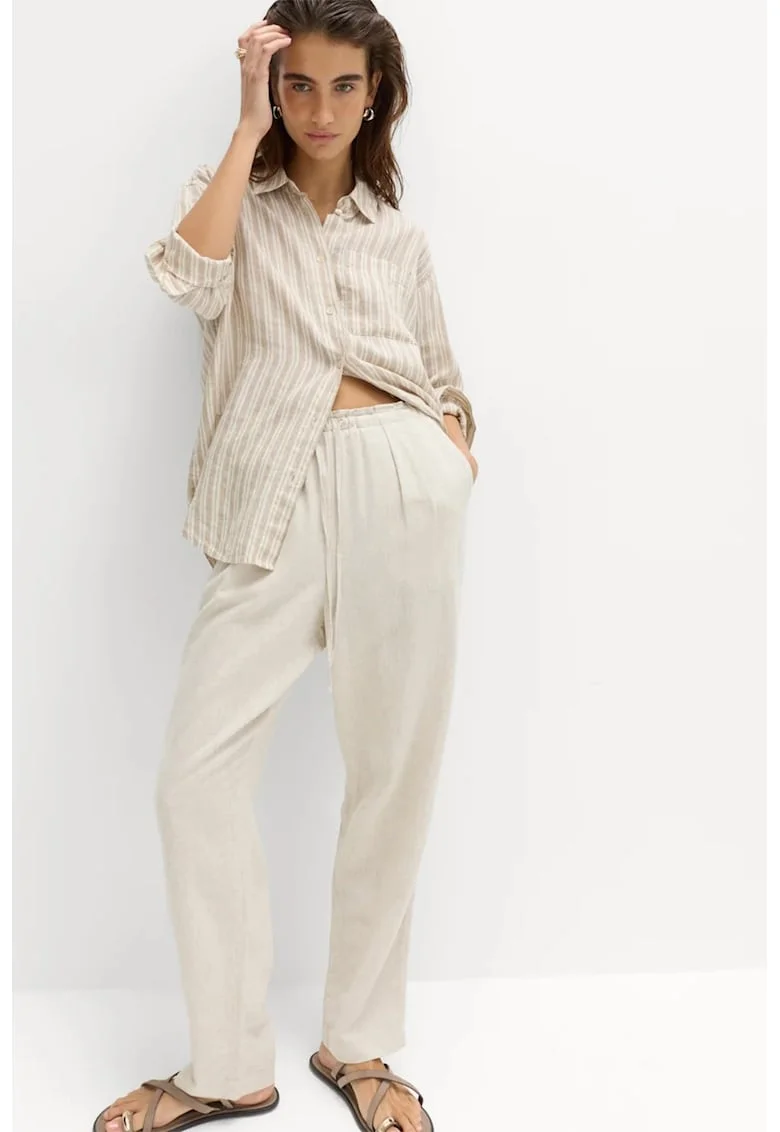 Pantaloni din amestec de in cu snur, Ecru
