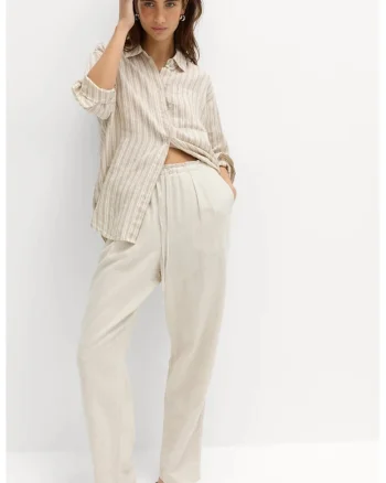 Pantaloni din amestec de in cu snur, Ecru