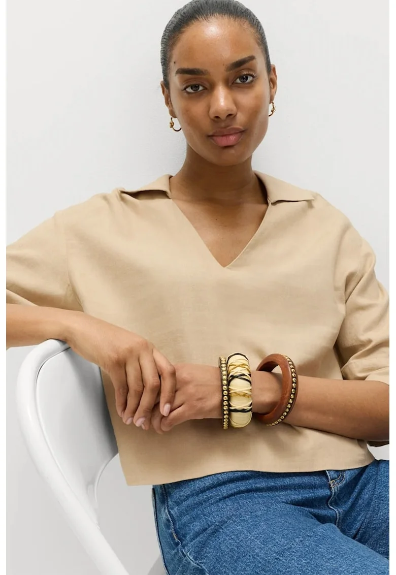 Bluza din amestec de in cu maneci medii, Maro camel