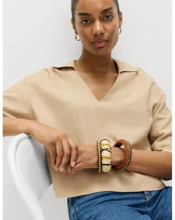 Bluza din amestec de in cu maneci medii, Maro camel