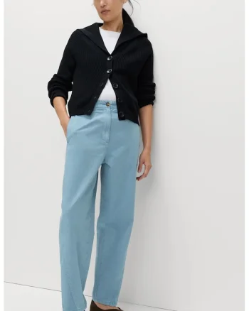 Pantaloni barrel din bumbac cu talie inalta, Albastru stins