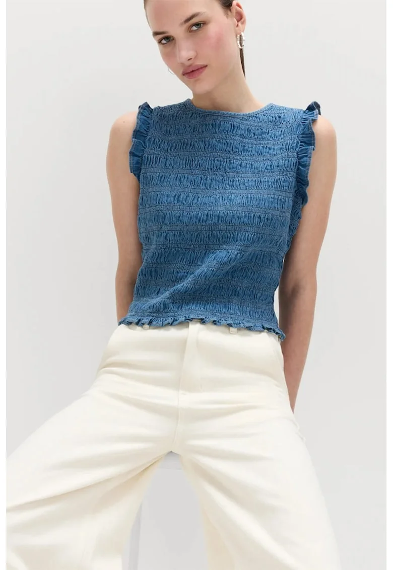 Bluza crop de bumbac, Albastru cobalt